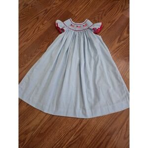 Mom & Me Girls 24M Blue Gingham Smocked American Flag Bishop Dress Ric Rac Trim